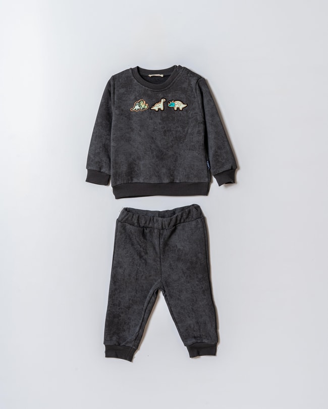 Erkek Çocuk Pamuklu Antrasit Dinozor Nakışlı Sweatshirt ve Eşofman Takım