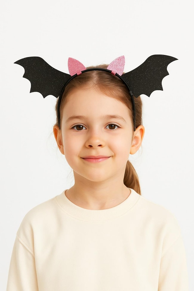 Kız Çocuk Pamuklu Parlak Yarasa Kanatlı Halloween Tacı – Simli Pembe Kulak Detaylı Saç Aksesuarı