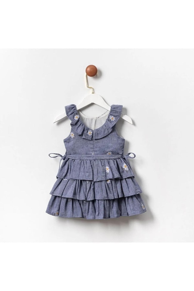 Kız Çocuk Pamuklu Mavi Papatya Nakışlı Kat Kat Elbise - Fırfır Yaka Detaylı