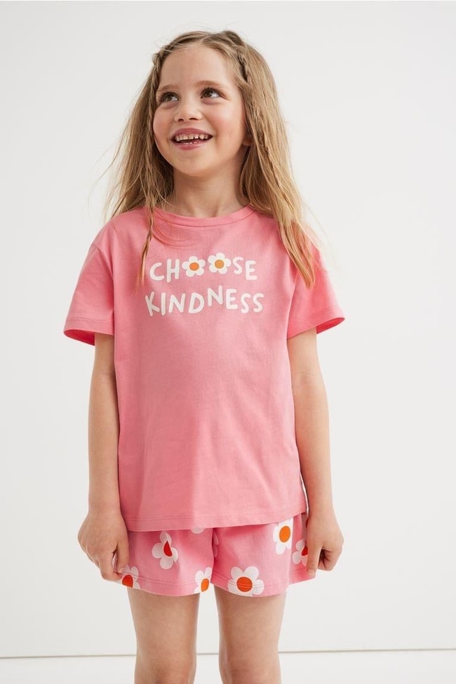 Pembe Çiçek Desenli Çocuk Şortlu Takım | Choose Kindness Yazlık Takım