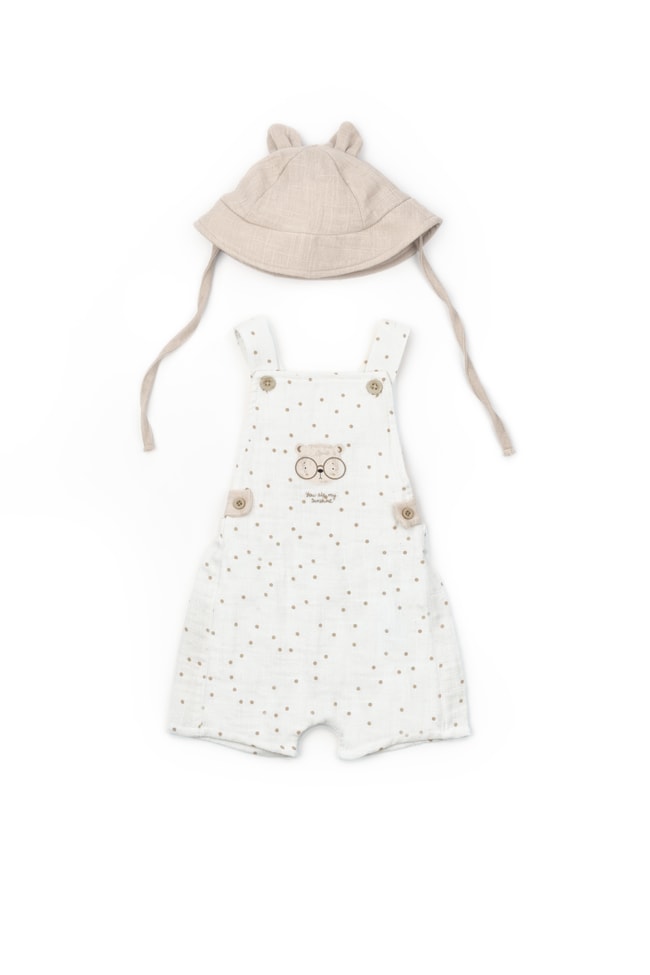 Erkek Bebek Müslin Ekru Noktalı Askılı Tulum ve Kulaklı Şapka Takımı