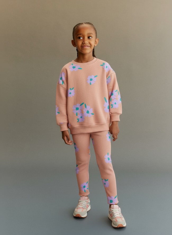 Kız Çocuk Pamuklu Somon Çiçek Desenli Sweatshirt ve Tayt Eşofman Takım