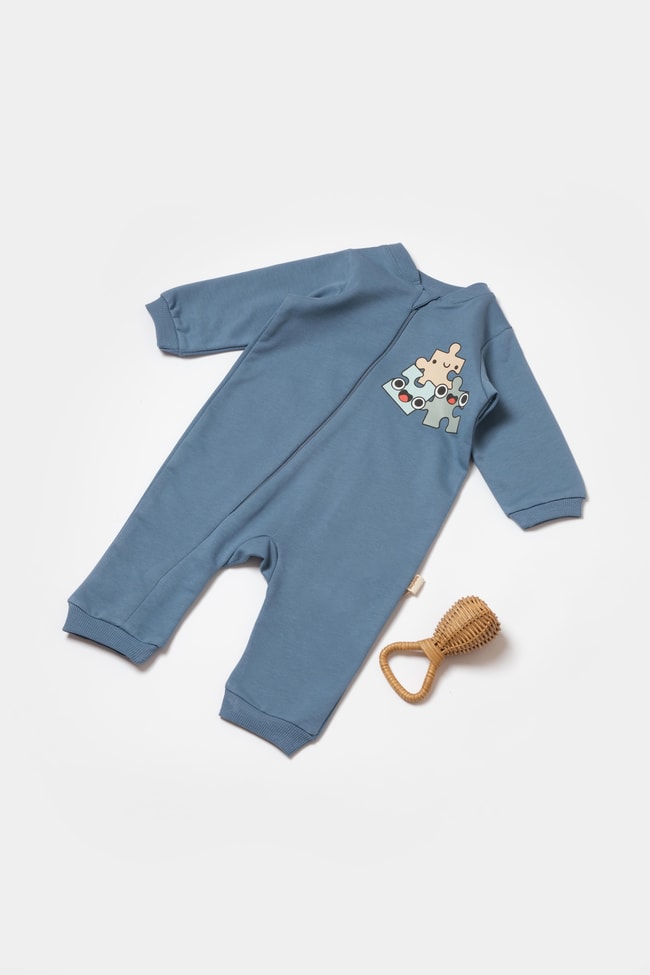 Erkek Bebek Pamuklu Mavi Puzzle Desenli Tulum