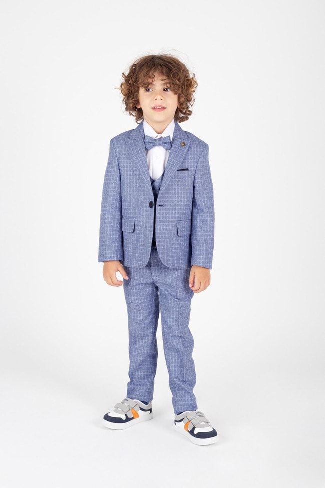 Mavi Çocuk Takım Elbise Şık Tasarım Papyonlu Yelekli Ceketli Smokin