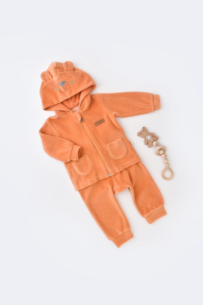 Unisex Bebek Organik Kadife Ayıcık Kapüşonlu Alt-Üst Takım - Fermuarlı Sweat Pantolon