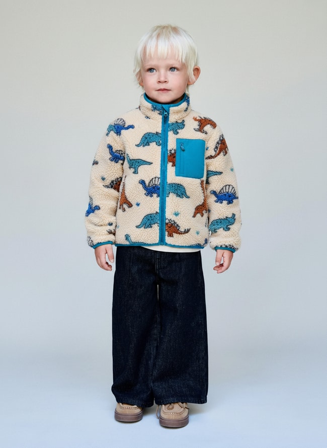 Erkek Çocuk Pamuklu Krem Hayvancık Desenli Polar Ceket - Fermuarlı Cepli