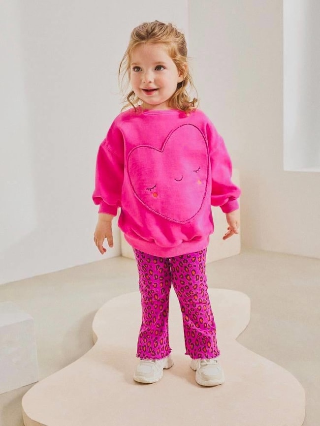 Kız Çocuk Pamuklu Fuşya Kalpli Sweatshirt Leopar Desenli Pantolon Takım