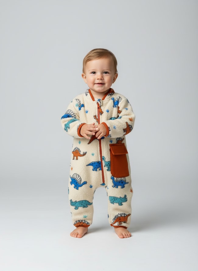 Erkek Bebek Pamuklu Krem Hayvancık Desenli Tulum - Cepli Fermuarlı