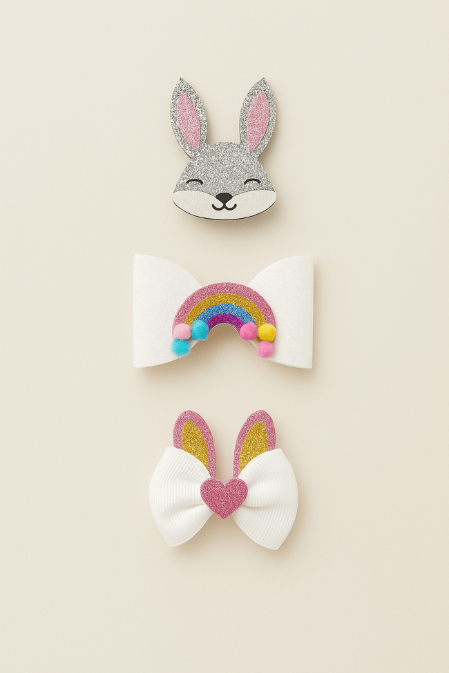 Kız Çocuk 3'lü Renkli Toka Seti - Tavşan, Gökkuşağı ve Kulak Figürlü