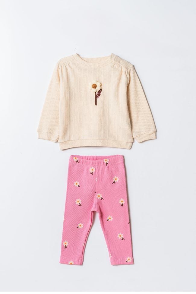 Kız Çocuk Pamuklu Krem Sweatshirt ve Pembe Çiçek Desenli Tayt İkili Takım