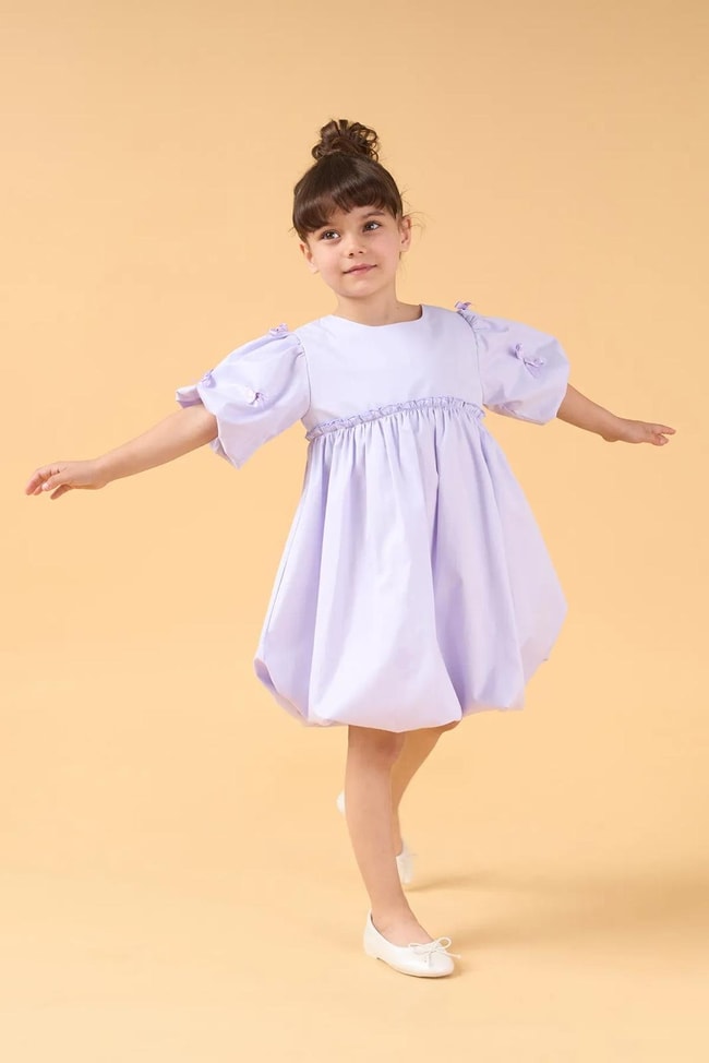 Kız Çocuk Pamuklu  Fiyonklu Balon Kollu Elbise