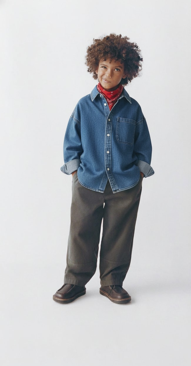 Unisex Çocuk Pamuklu Mavi Oversize Denim Gömlek – Rahat Günlük Tarz