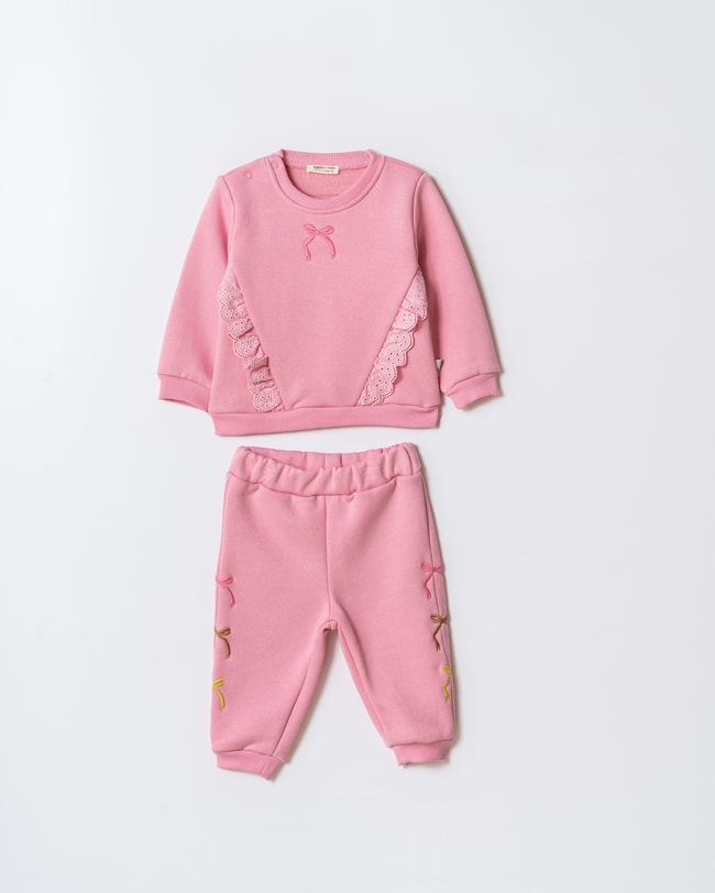 Kız Çocuk Pamuklu Pembe Dantel ve Fiyonk Detaylı Eşofman Takımı - Yumuşak Kumaşlı İki Parça Set