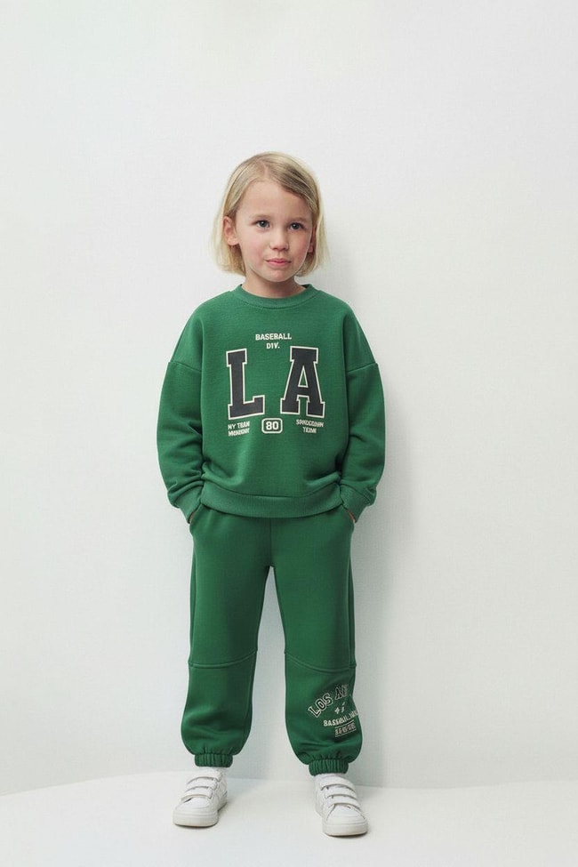 Erkek Çocuk Pamuklu Yeşil LA Baskılı Sweatshirt Eşofman Takımı - Rahat Günlük Stil