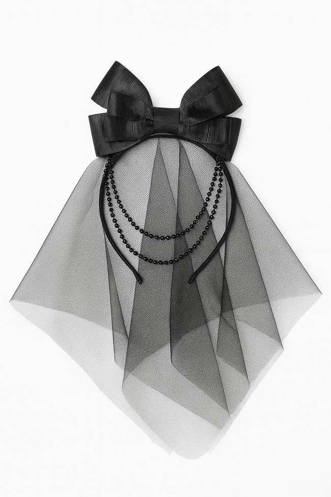 Kız Çocuk Siyah Tül Fiyonklu Zincir Detaylı Taç – Şık Pamuklu Saç Aksesuarı