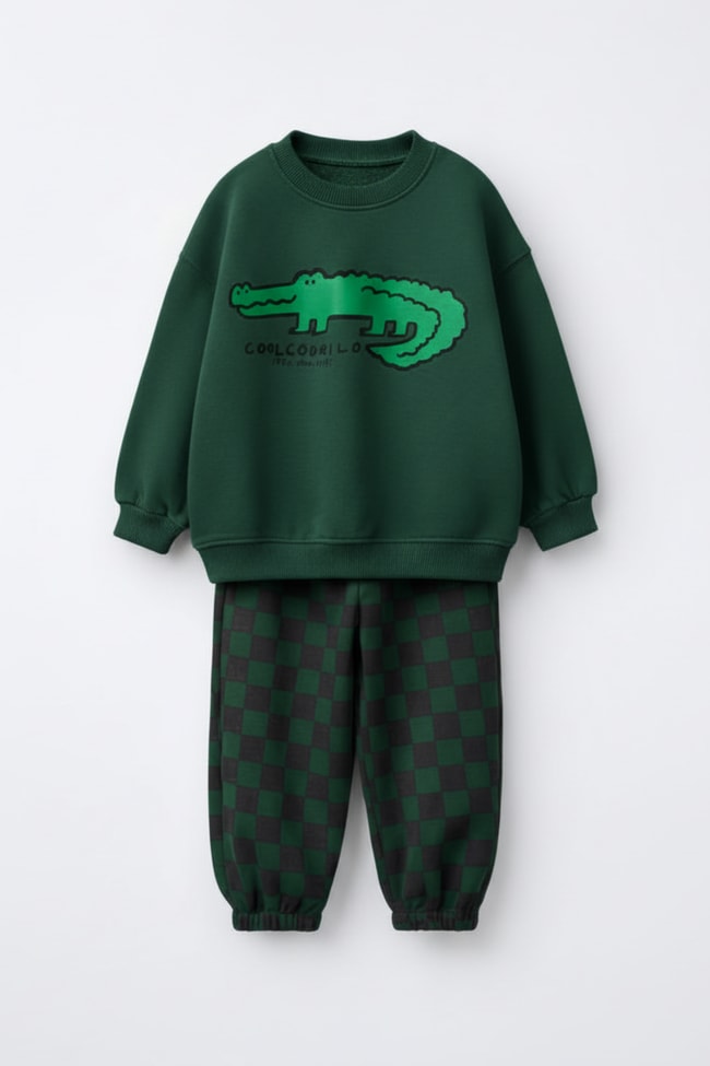 Erkek Çocuk Pamuklu Yeşil Timsah Baskılı Sweatshirt ve Kare Desenli Eşofman Takım