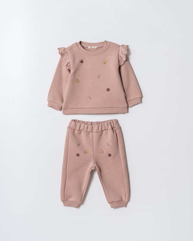 Kız Çocuk Pamuklu Çiçek Nakışlı Dantel Detaylı Sweatshirt ve Eşofman Takım