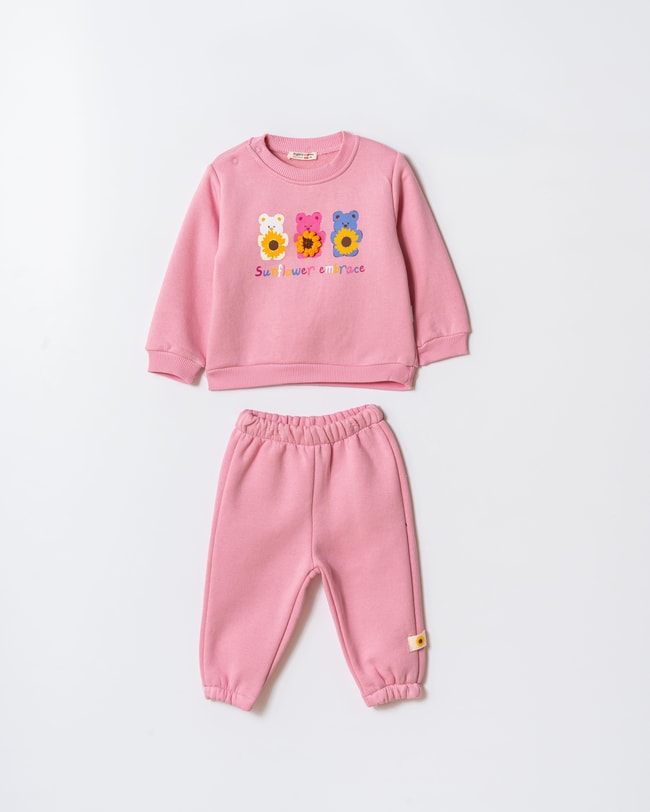 Kız Çocuk Pamuklu Pembe Ayıcık Baskılı Sweatshirt ve Eşofman Takım