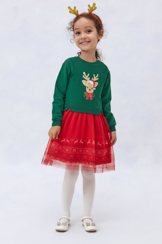 Kız Çocuk Pamuklu Yeşil Geyik Desenli Sweatshirt ve Kırmızı Tüllü Etek Takımı - Yılbaşı Özel Koleksiyonu