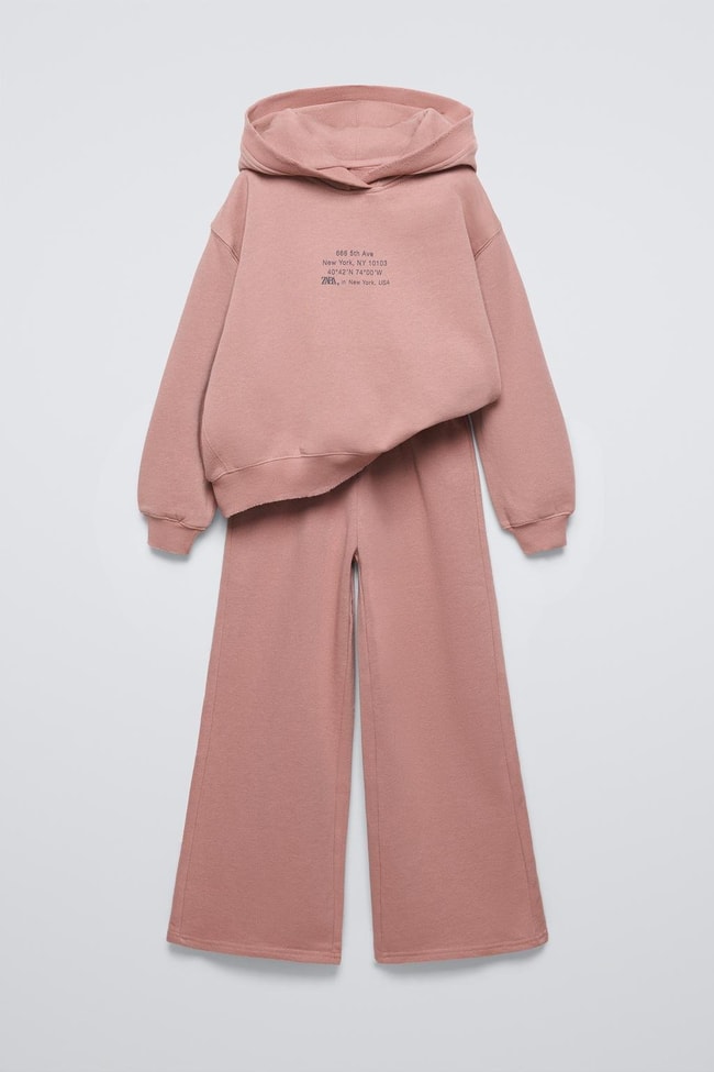 Kız Çocuk Pamuklu Gül Kurusu Kapüşonlu Sweatshirt ve Geniş Paça Eşofman Takım