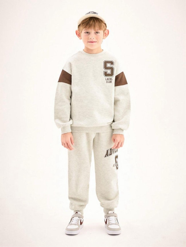 Erkek Çocuk Pamuklu Gri Melanj Adventure Baskılı Eşofman Alt-Üst Takım