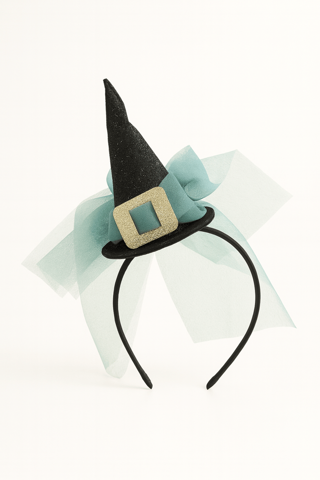 Kız Çocuk Pamuklu Siyah Şapkalı Tül Fiyonklu Halloween Tacı – Parlak Aksesuar