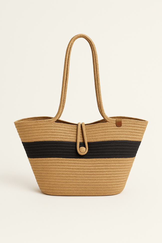 Kadın Hasır Görünümlü Siyah Şeritli Doğal Renkli Plaj Çantası