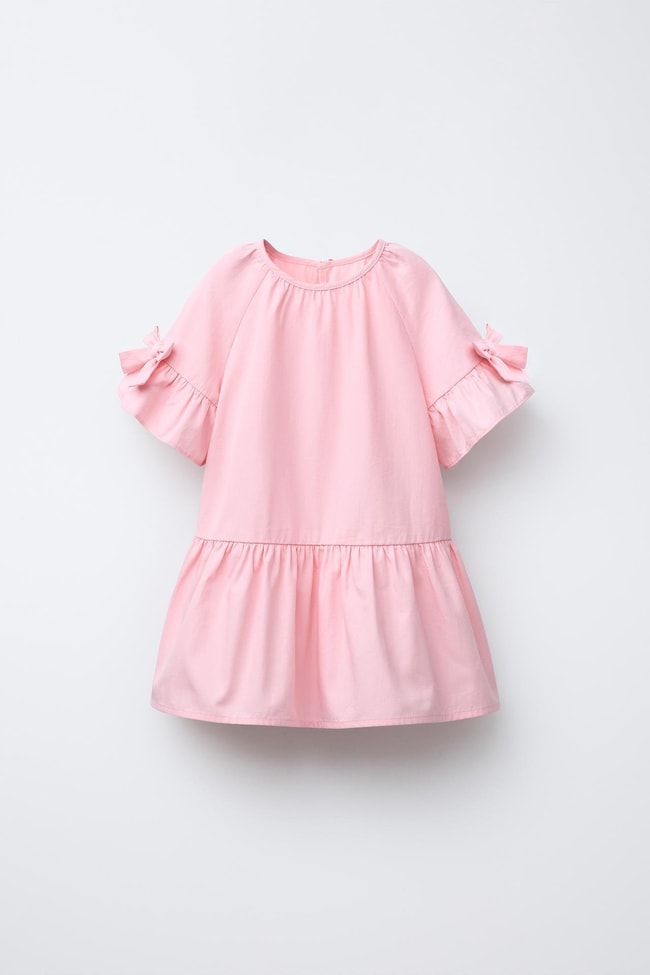 Kız Çocuk Pamuklu Pembe Fiyonklu Volan Kol Elbise - Günlük Yazlık Model