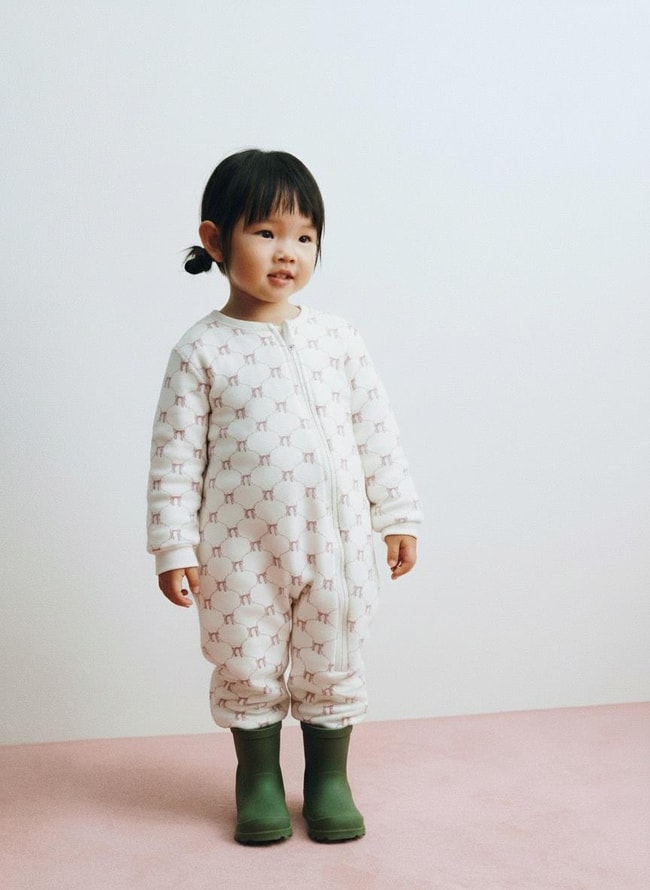 Unisex Çocuk Pamuklu Beyaz Fiyonk Desenli Uyku Tulum - Fermuarlı