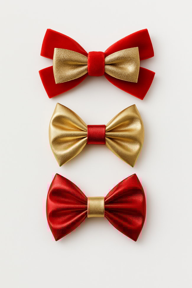 Kız Çocuk Kırmızı ve Altın Renkli Fiyonk Toka 3'lü Set - Parlak ve Kadife Detaylı