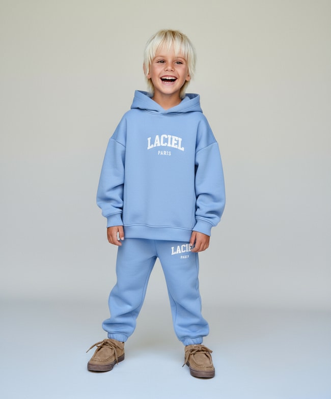 Unisex Çocuk Pamuklu Mavi Laciel Baskılı Kapüşonlu Sweatshirt ve Eşofman Alt Takım