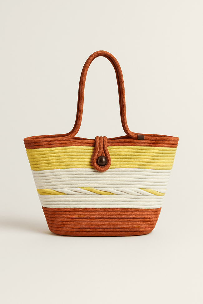 Kadın Renkli Örgü Desenli Pamuk Plaj Çantası – Sarı Beyaz Kiremit Tonlarında