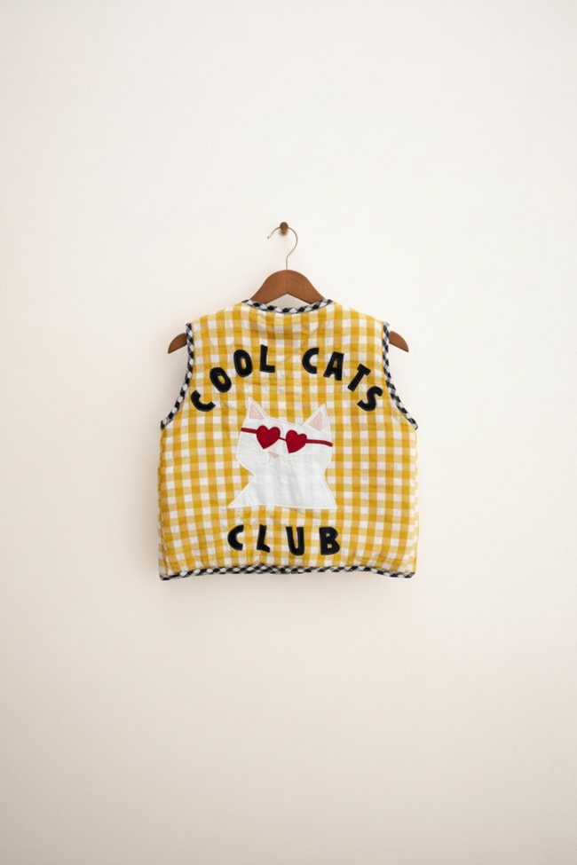 Unisex Çocuk Pamuklu Sarı Ekose Cool Cats Club Yelek - Kalpli Gözlüklü Kedi Aplikeli