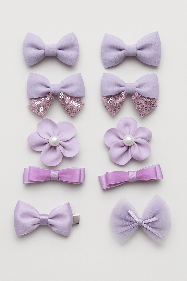 Kız Çocuk Lila Renkli 10'lu Toka Seti – Fiyonk, İnci Çiçek ve Payet Detaylı