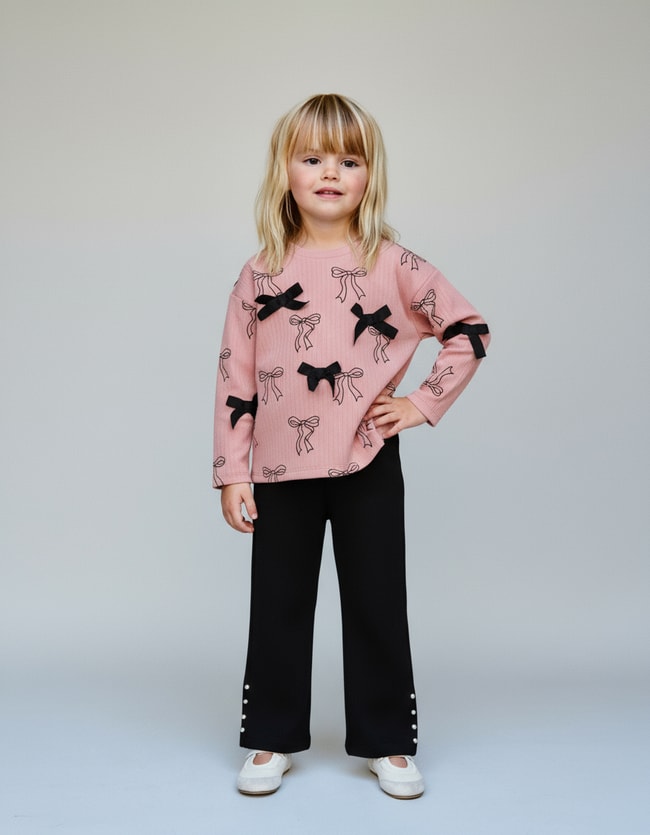 Kız Çocuk Pamuklu Pembe Fiyonk Desenli T-shirt ve Siyah İnci Düğme Detaylı Pantolon Takım