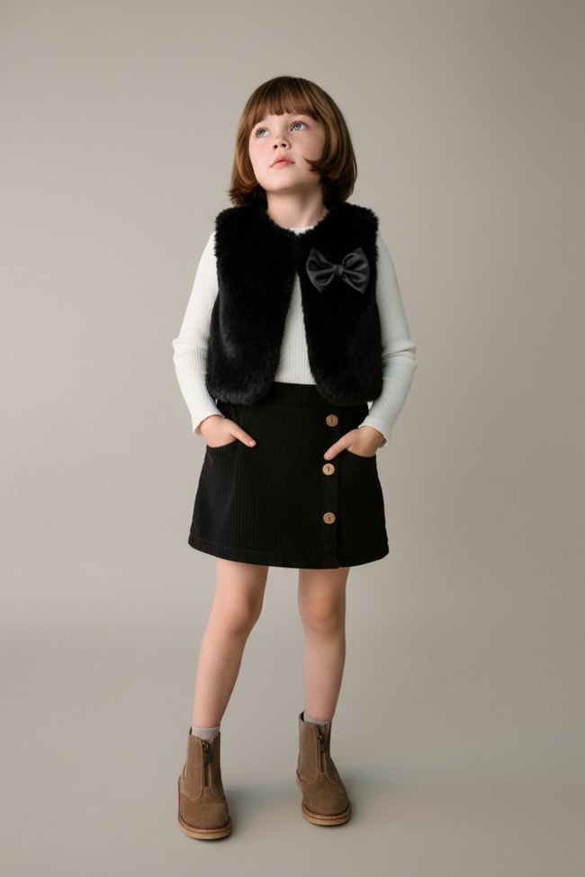 Kız Çocuk Pamuklu Siyah Fiyonklu 3'lü Yelekli Etekli Takım – Zarif Günlük Kombin