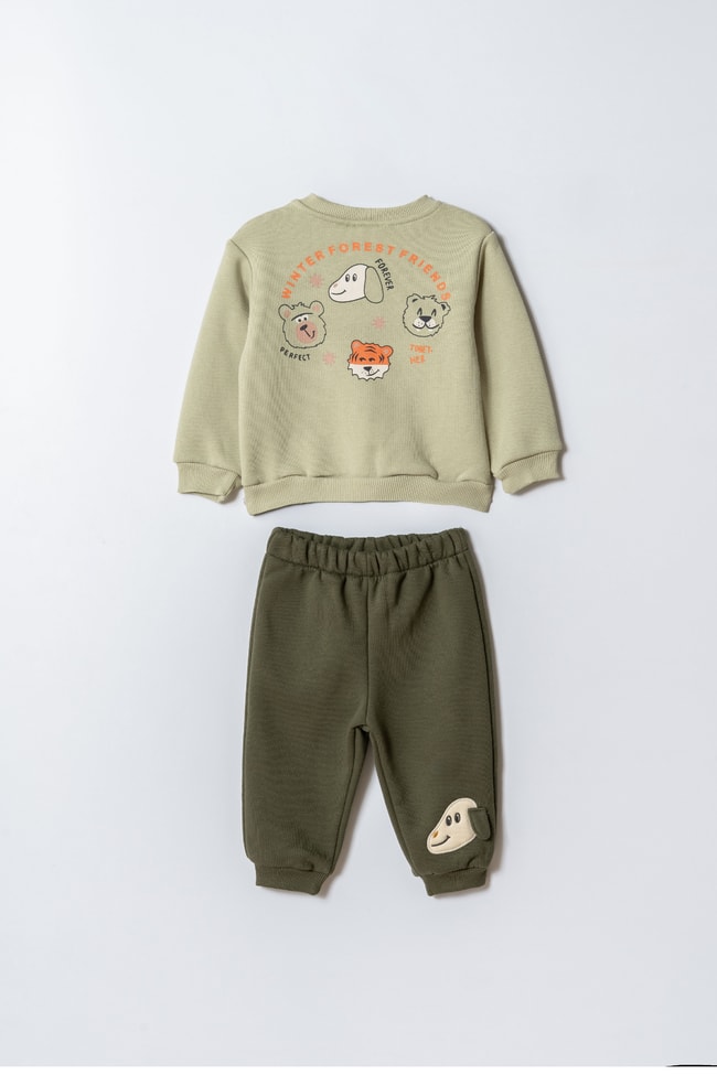 Erkek Çocuk Pamuklu Yeşil Sweatshirt ve Köpek Nakışlı Eşofman Altı İkili Takım