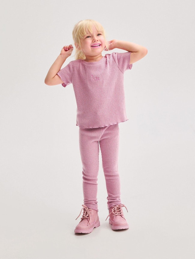 Pembe Kuğu Desenli Fitilli T-shirt Tayt Alt-Üst Takım Kız Çocuk