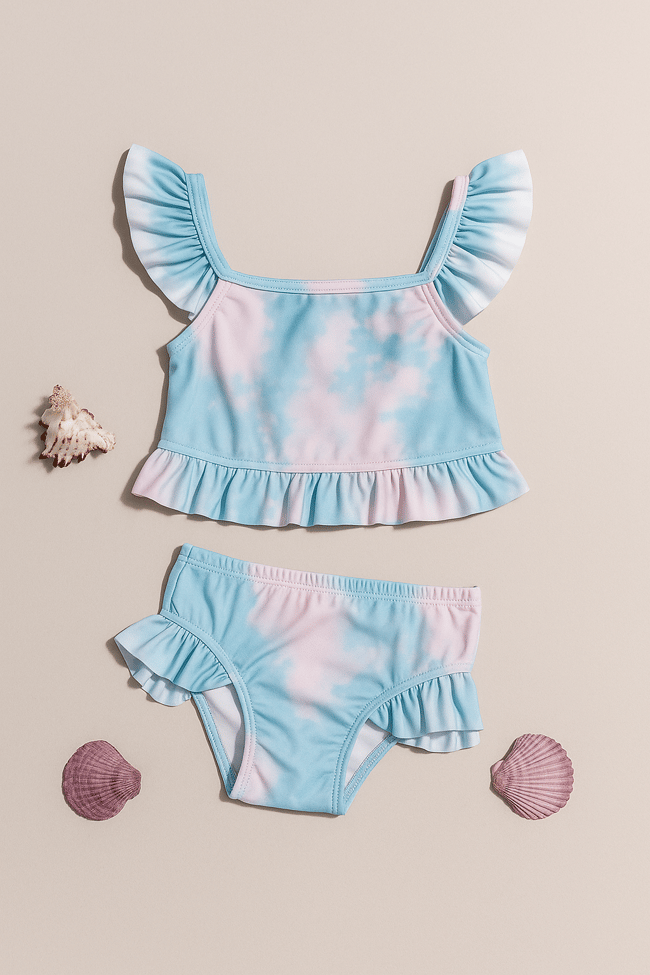 Kız Çocuk Bulut Desenli Fırfırlı İki Parçalı Bikini Takımı