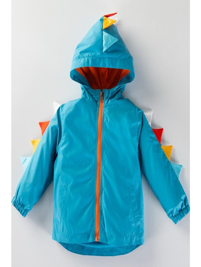 Erkek Çocuk Mavi Dinozor Desenli Kapüşonlu Yağmurluk Mont