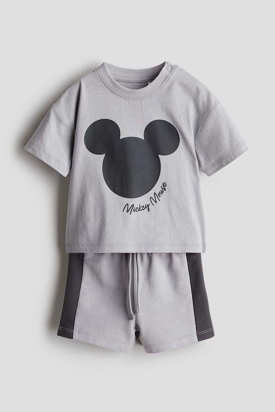 Erkek Çocuk Pamuklu Gri Mickey Mouse Baskılı T-shirt ve Şort Takım - Yazlık