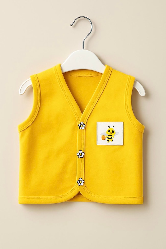 Unisex Bebek Pamuklu Sarı Arı Desenli Çıtçıtlı Yelek - Çiçek Düğme Detaylı