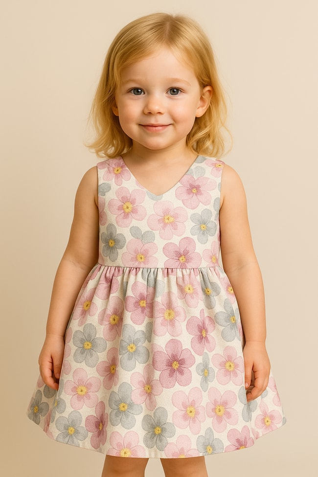 Kız Çocuk Pamuklu Çiçek Desenli  Arkası Fiyonklu Elbise