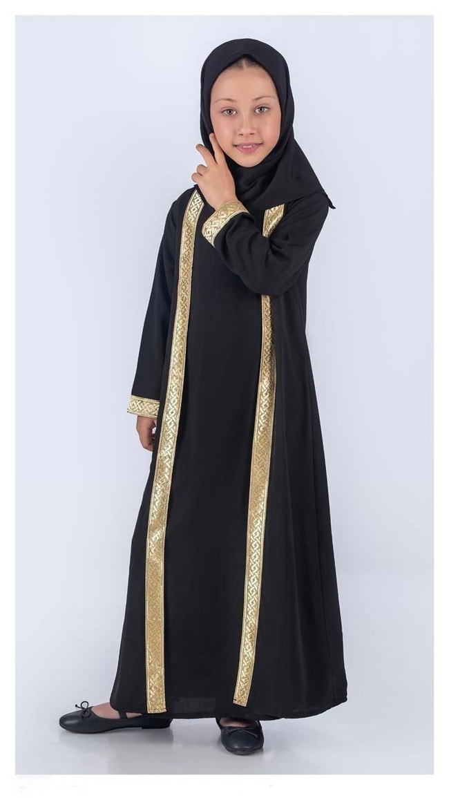 Kız Çocuk Medine İpeği Namaz Elbisesi – Altın Şeritli ve Eşarp Dahil Takım