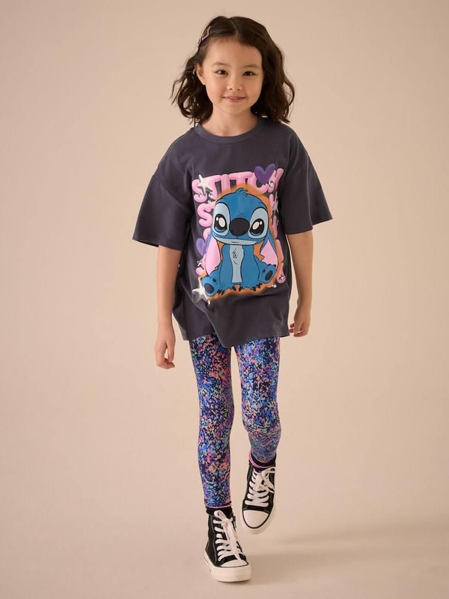 Kız Çocuk Stitch Baskılı Oversize Tişört ve Renkli Desenli Tayt Takım
