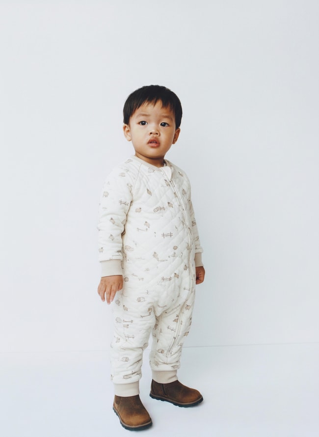 Unisex Çocuk Pamuklu Ekru Çift Fermuarlı Hayvancık Desenli Uyku Tulum