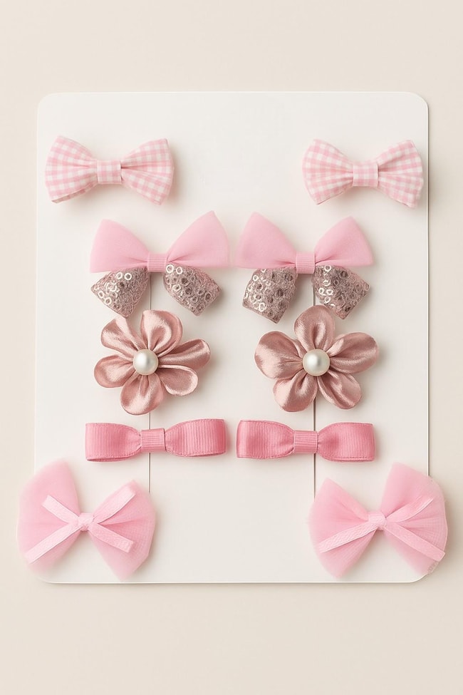 Kız Bebek Pembe 10'lu Toka Seti - Fiyonk, Çiçek ve Desenli Modeller