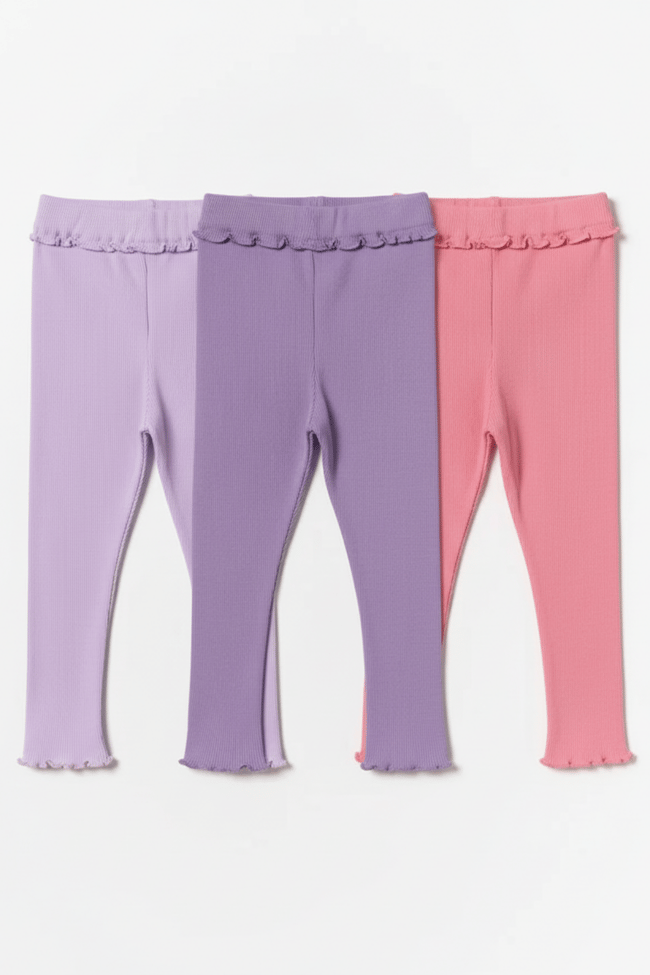 Kız Çocuk Pamuklu 3'lü Lila Mor Pembe Fırfır Detaylı Ribana Tayt Seti – Esnek Rahat Kalıp
