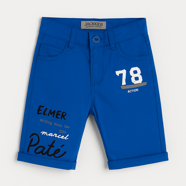 Erkek Çocuk Pamuklu Saks Mavi Yazı Baskılı Şort