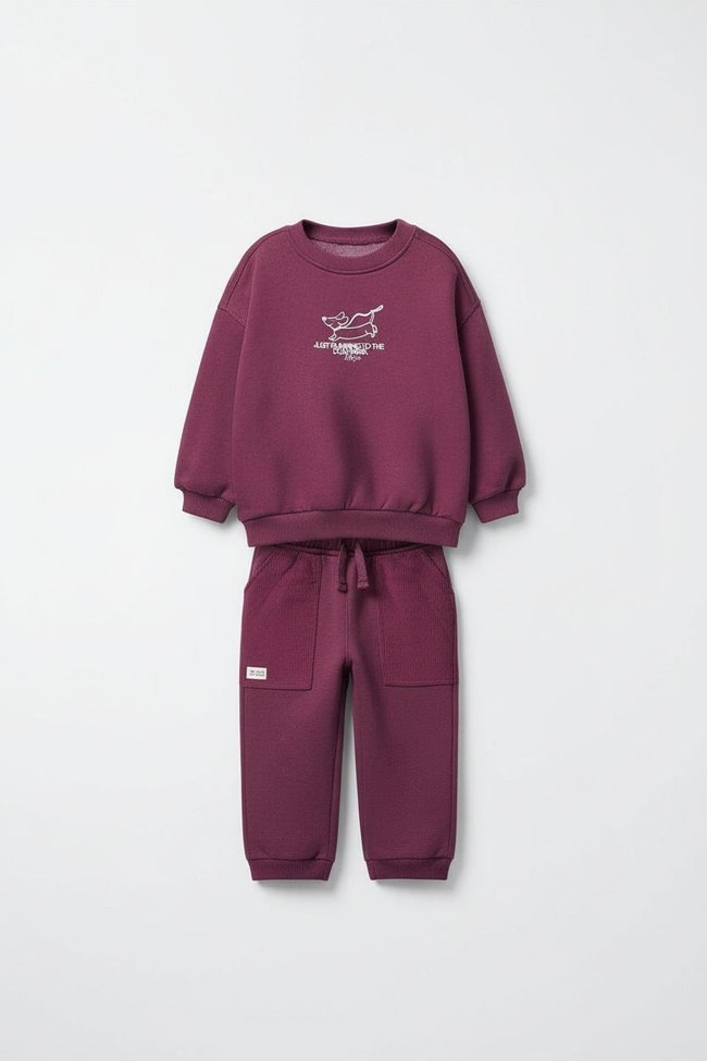 Unisex Çocuk Pamuklu Mürdüm Köpek Baskılı Eşofman Takımı - Rahat Kesim, Cepli Alt